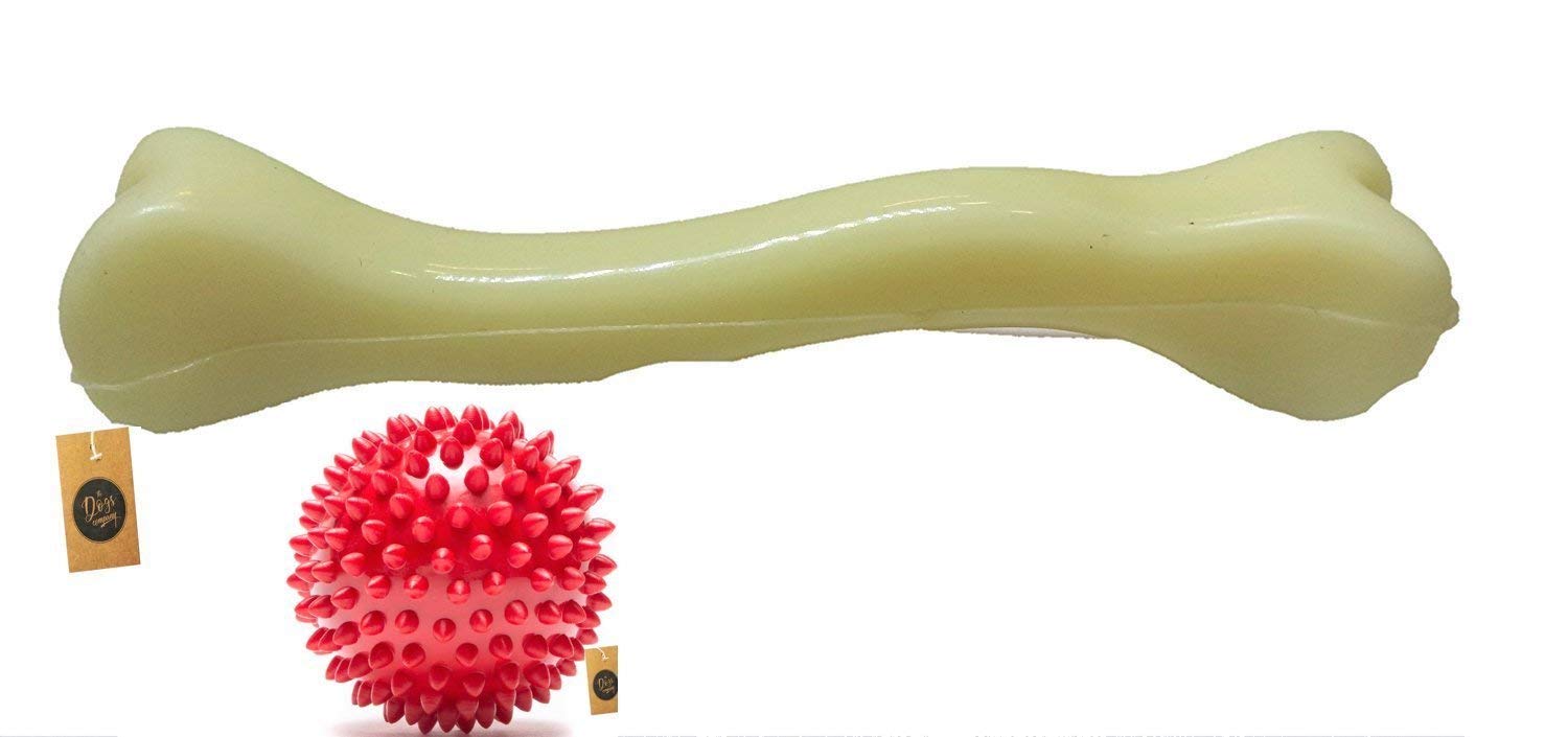 Pets Rubber Spiked Ball Dog Chew Toy And Small Plastic Dog Bone Chew Toy, Colour May Vary