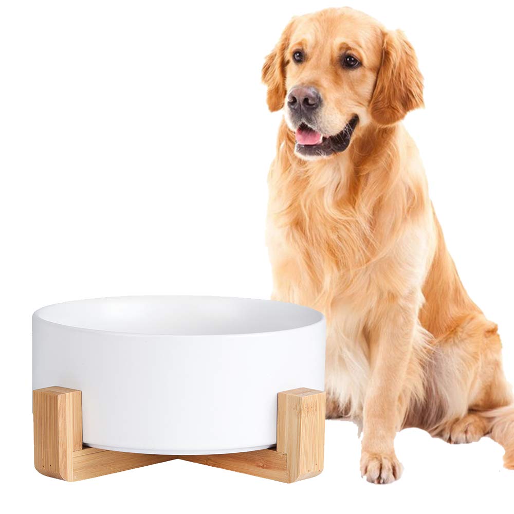 Ceramic Dog Bowl - Cat Dog Bowls With Non Slip Wood Stand - No Spill Pet Dish For Food Water Feeding Extra High Capacity (8 Cup-Suitable For Large Sized Dog)