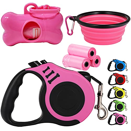 Retractable Dog Leash,Heavy Duty Dog Leash Retractable,Dog Walking Leash For Small Dog Or Cat Up To 26 Lbs,360° Tangle-Free Strong Nylon Tape,Anti-Slip Handle,With Waste Bag Dispenser(16Ft Pink)