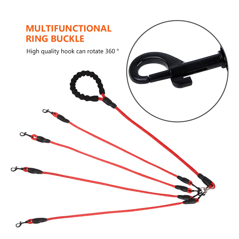 Four Dog Training Leash - Comfortable Double Leash With Reflective, 360 Swivel No Tangle For Large Medium Small Dogs (Red, Four