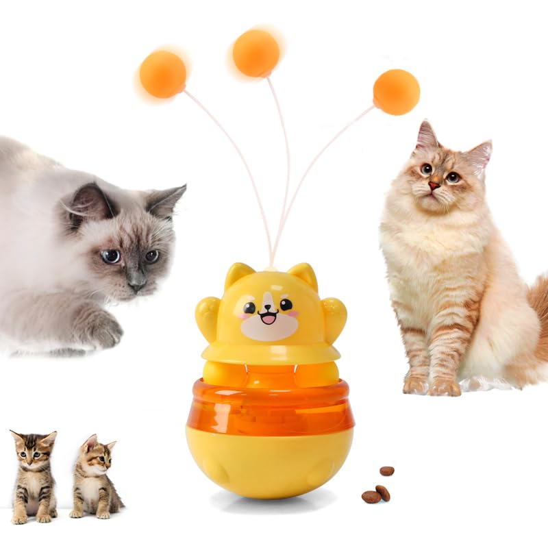 DONHUCHEP Interactive Cat Wobble Toy with Teaser Wand, Treat Dispensing Puzzle Feeder (No Treats Included), Enrichment Toy for I