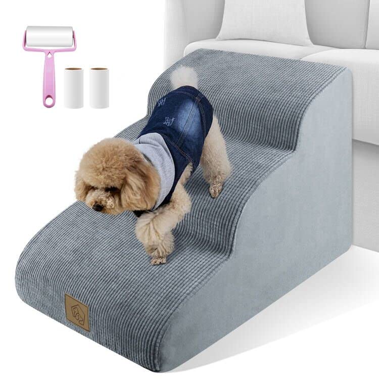3-Tiers Foam Dog Stairs For High Sofa Bed Couch, High Density Foam Steps Stairs For Indoor,Dog Stairs Ladder Ramp Non Slip For Old Small Dogs Easy Access,60 Lbs Support,Free 3 Pcs Lint Roller Set