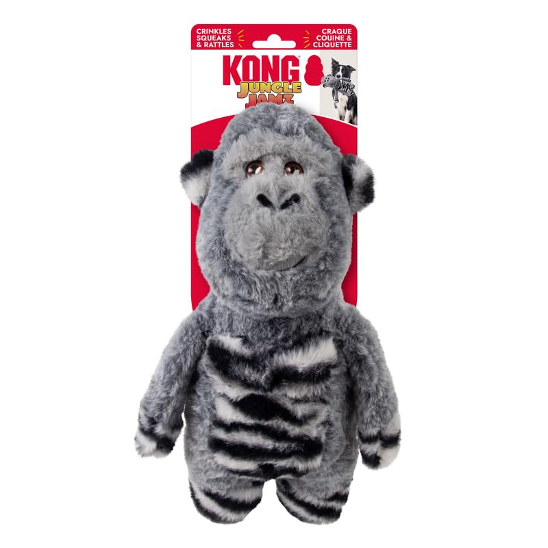 KONG Jungle Jamz Plush Dog Toys - Squeaky, Crinkly, and Rattling Durable Toys for Dogs - Safari Animal Collection (Gorilla)