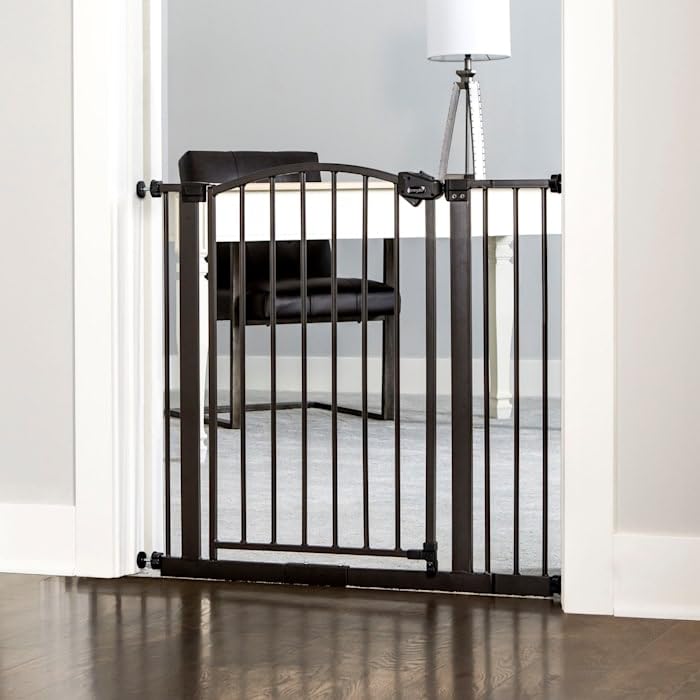 Regalo Easy Step Arched Décor Walk Thru Baby Gate, Includes 4-Inch Extension Kit, 4 Pack Pressure Mount Kit And 4 Pack Wall Mount Kit, Bronze