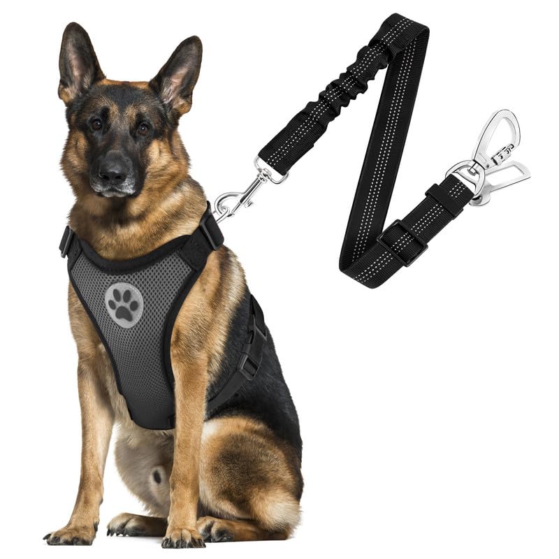 Slowton Dog Seat Belt Harness For Car, Dog Car Harness Adjustable Mesh Breathable & Dog Seatbelt Safety Tether With Elastic Bungee For Small Medium Large Pets(Grey, Double Clip, L)
