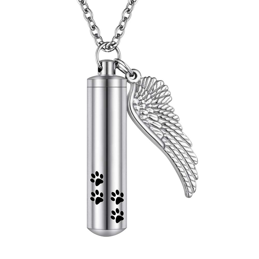 Abooxiu Cylinder Cremation Necklace For Pet Ashes Urn Necklace With Angel Wing Pet Paw Ashes Necklace For Dog/Cat Pet Memorial Keepsake Jewelry