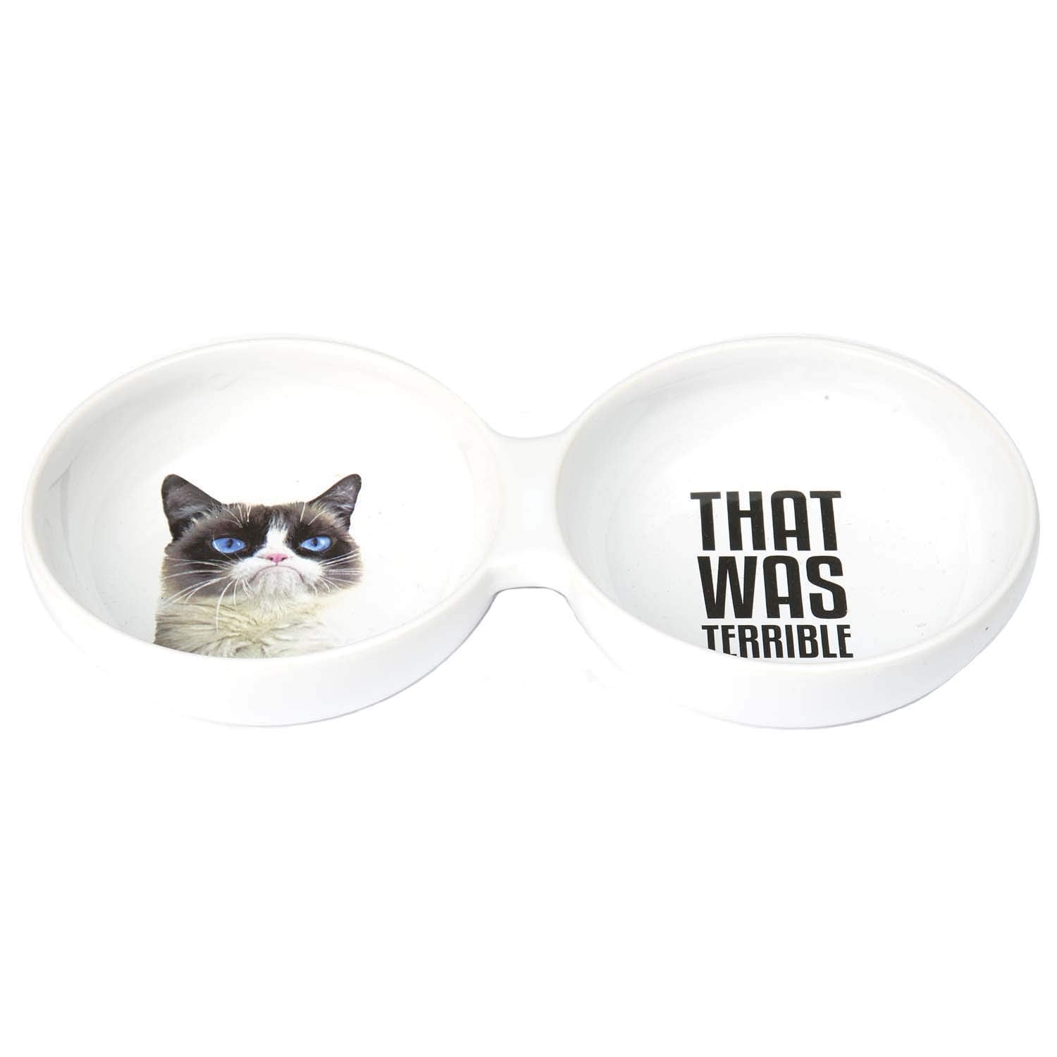 Petrageous G16101 Grumpy Cat That Was Terrible Cat Or Dog Stoneware Dishwasher Safe Duo Diner Bowl 10-Inch Long 4.75-Inch Wide 1.5-Inch Tall 1-Cup Each Bowl White