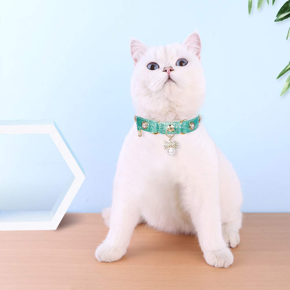 Petshome Cat Collar, Dog Collar, [Bling Rhinestones] Pu Leather Adjustable Pet Collar With Luxury Pendant For Big Cat And Small To Medium Dog Small Mint Green