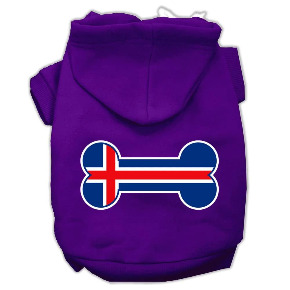Pet, Dog & Cat Hoodie Screen Printed, 'Bone Shaped Iceland Flag' Purple Xs