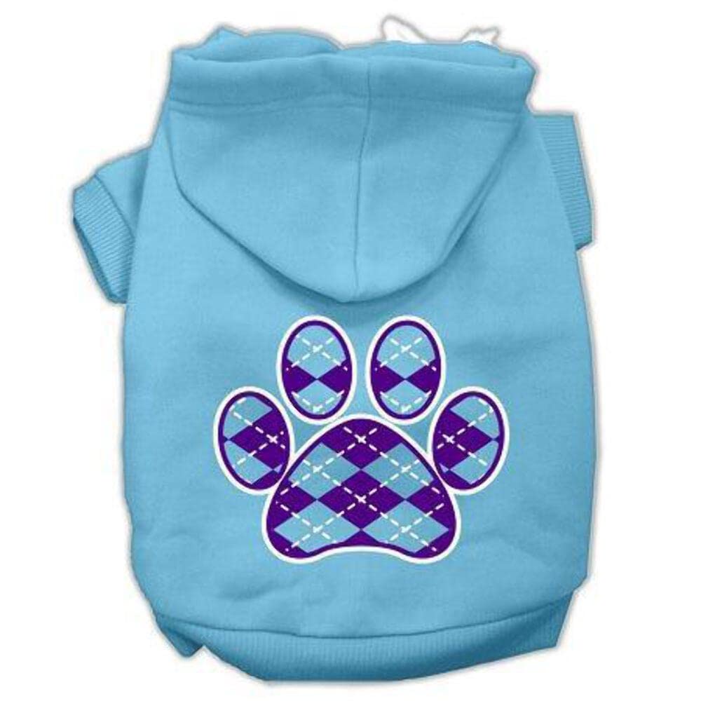 Pet Dog & Cat Hoodie Screen Printed, 'Purple Argyle Paw' Baby Blue 3Xl (25-35 Lbs.)