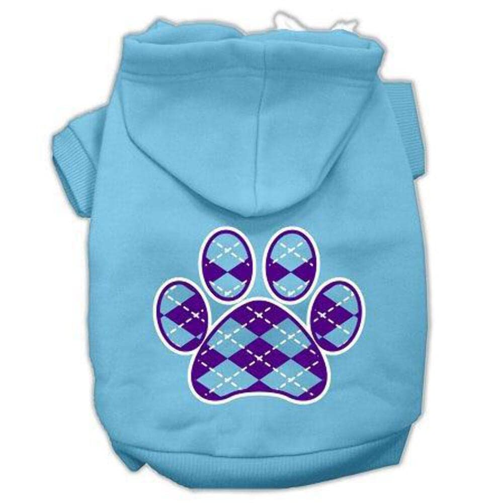 Pet Dog & Cat Hoodie Screen Printed, 'Purple Argyle Paw' Baby Blue Md (6-10 Lbs.)