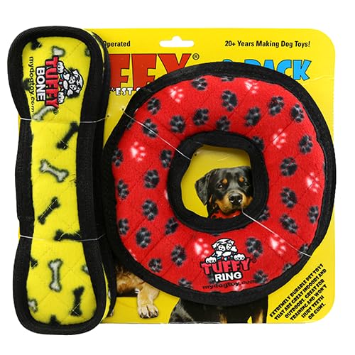 Tuffy - World'S Tuffest Soft Dog Toy- Medium Red Ring & Yellow Bone- 2 Pack. Squeakers-Multiple Layers.Made Durable, Strong & To