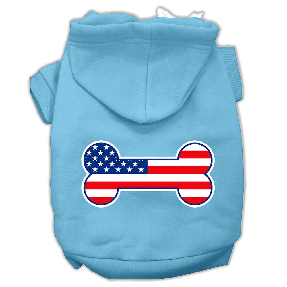 Pet Dog & Cat Hoodie Screen Printed, 'Bone Shaped American Flag' Baby Blue Xs (0-3 Lbs.)