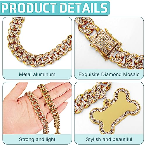 Hillban Dog Chain Golden Diamond Collar With Pet Id Jewelry Tags Rhinestones Stainless Steel Metal Link Collar Walking Chain Nec