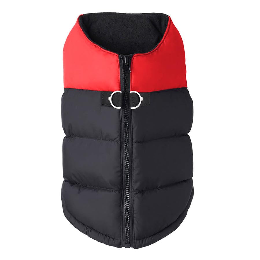 Gooby Padded Vest Dog Jacket - Red, Large - Warm Zip Up Vest Fleece Jacket With Dual D Ring Leash - Winter Water Resistant Sweat