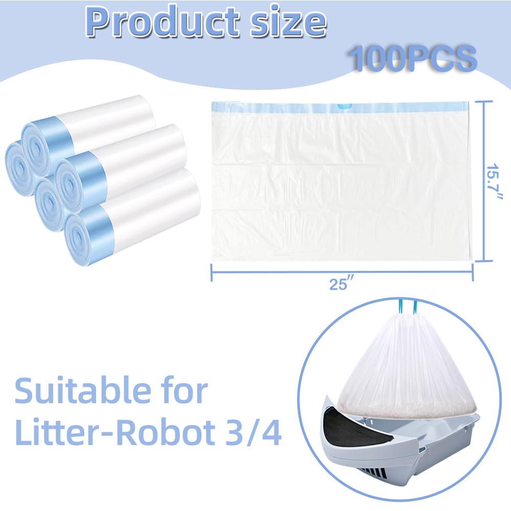 Ferypet 100 Packs Cat Litter Bags With Drawstring, Compatible With Litter-Robot 3/4 Cat Litter Box, Replacement Waste Bags Eplac