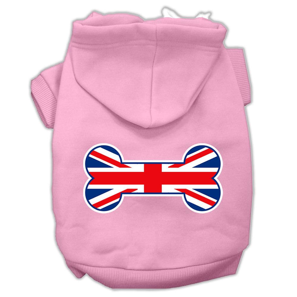 Pet, Dog & Cat Hoodie Screen Printed, 'Bone Shaped Flag United Kingdom (Union Jack) Flag' Light Pink Xs (0-3 Lbs.)