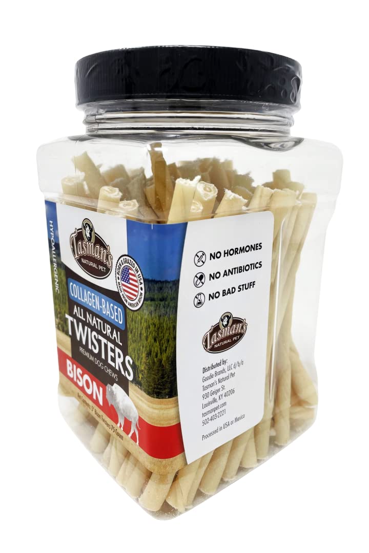 Tasman's Natural Pet Bison Collagen Twisters, 75 Count Jar, 5" Rawhide Alternative, Natural