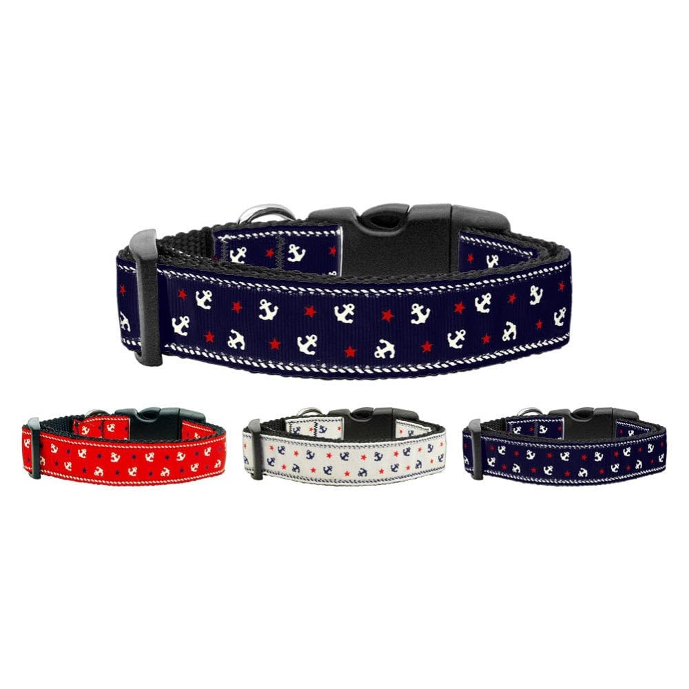 Pet Dog & Cat Nylon Collar or Leash, &quot;Anchors&quot; Red Cat Safety