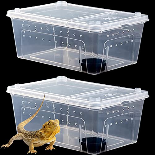Hamiledyi 2Pcs Reptile Feeding Box Snake Breeding Box Transparent Animal Habitat Cage Portable Plastic Turtle Transport Container For Bearded Dragon Lizard Spider Frog Scorpion Gecko 12.6 X 8.6 X 5.9