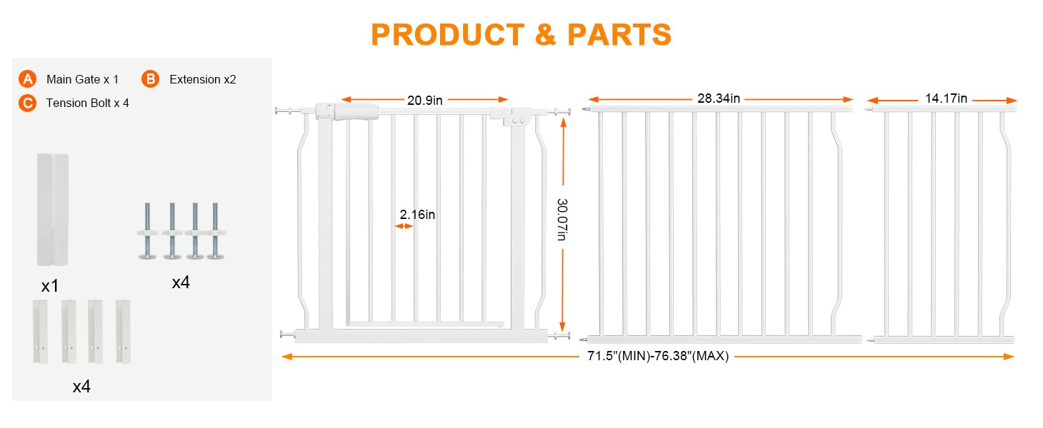 HOOOEN 30'' Tall Extra Wide Baby Gates for Doorways & Stairs - Large, Long Pressure Mounted Metal Safety Gates for Kids & Dogs -