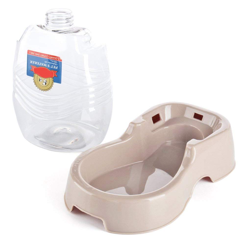 Flexzion Pet Water Dispenser Station, Beige (1/4 Gallon) Auto Replenish Gravity Waterer Drinking Fountain Bottle Bowl Dish Portable Stand For Small Dog Cat Animal