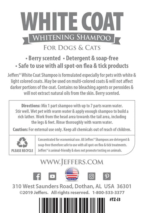 Jeffers White Coat Pet Shampoo For Dogs, Cats, & Small Animals, 17 Oz - Soap Free, Concentrated Formula For White & Light Coats,