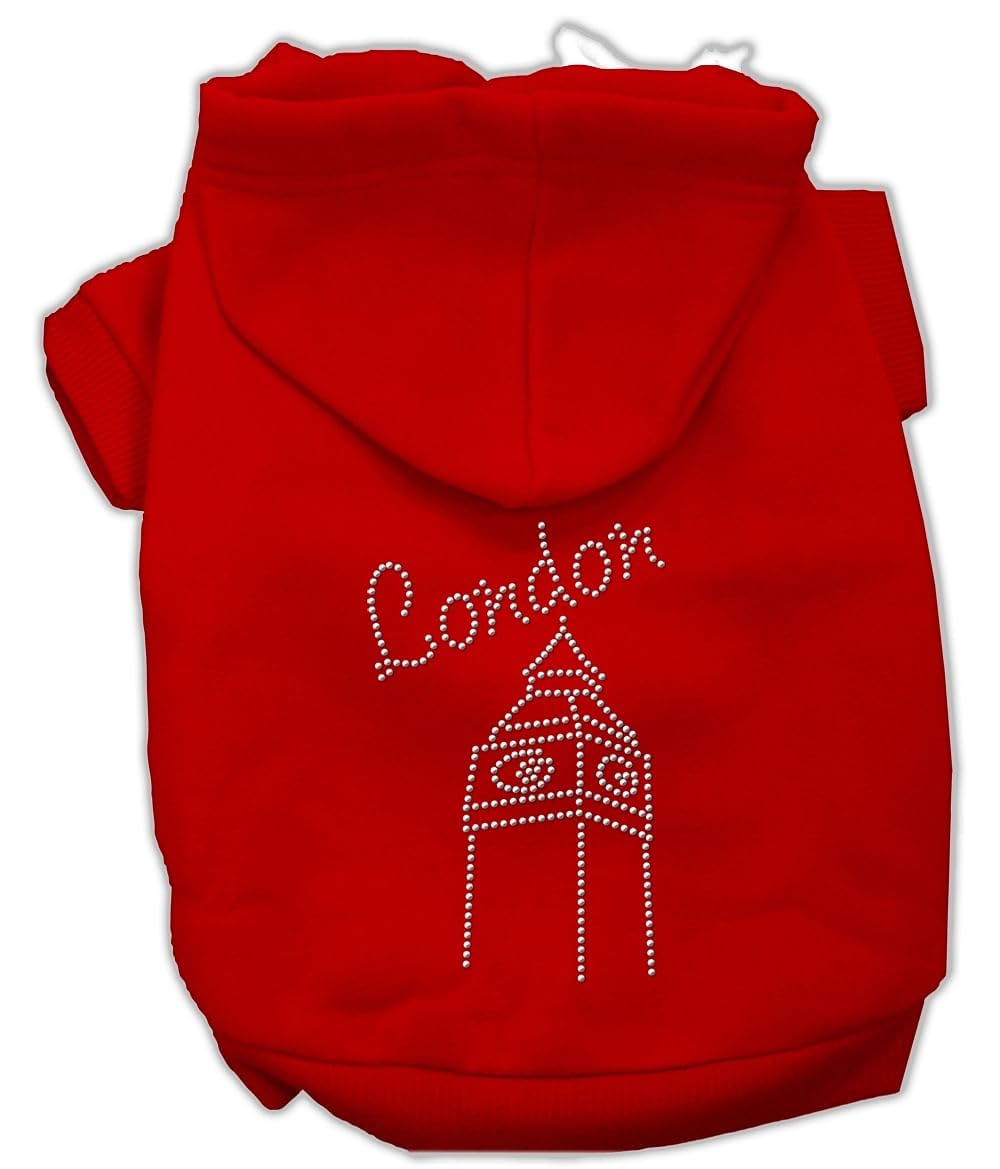 Pet, Dog & Cat Hoodie Rhinestone, 'London' Red Xs (0-3 Lbs.)