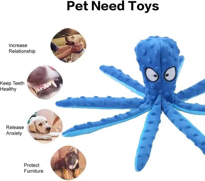Wishstore Squeaky Octopus Dog Toys - No Stuffing Crinkle Plush Dog Toy - Pack Of 2 (Orange And Blue)