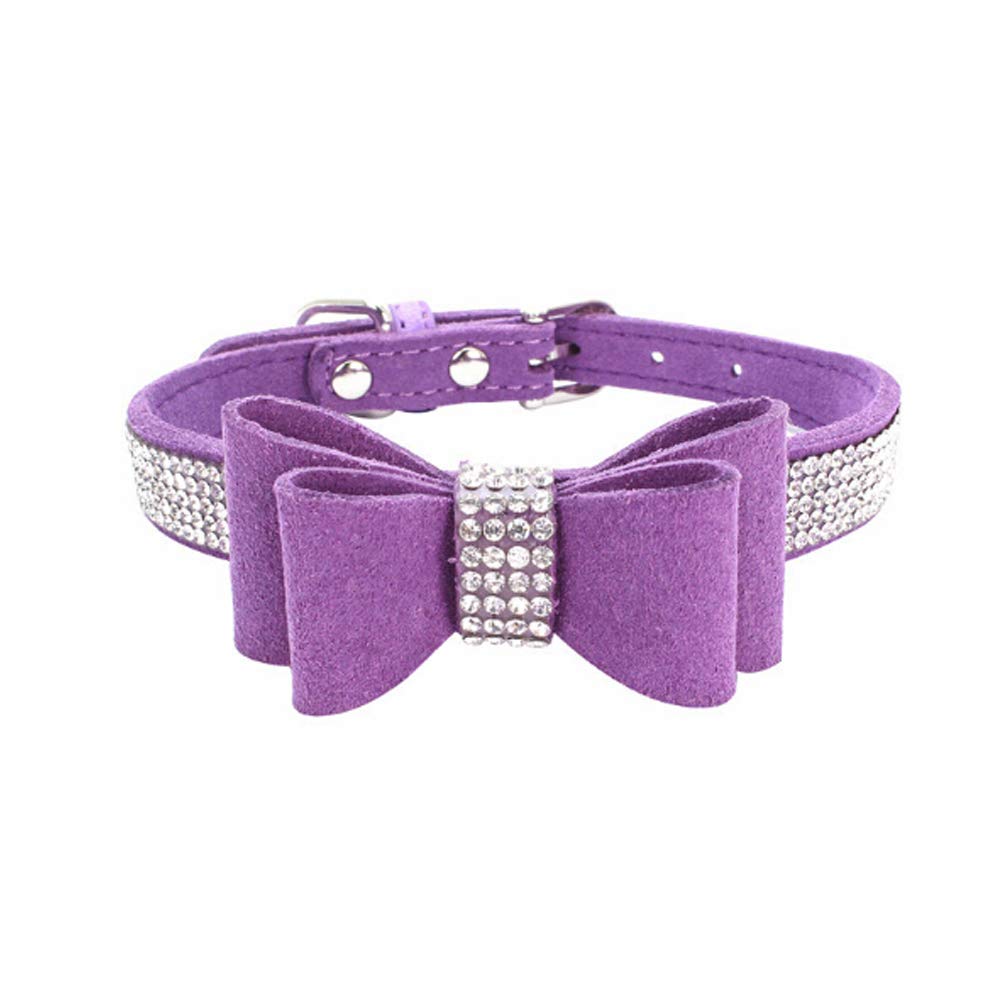 Dogs Kingdom 10''-24'' Length Cute Pet Dog Velvet Bow Tie Collar Puppy Cat Full Crystal Rhinestone Necklace Adjustable,Purple,Xs
