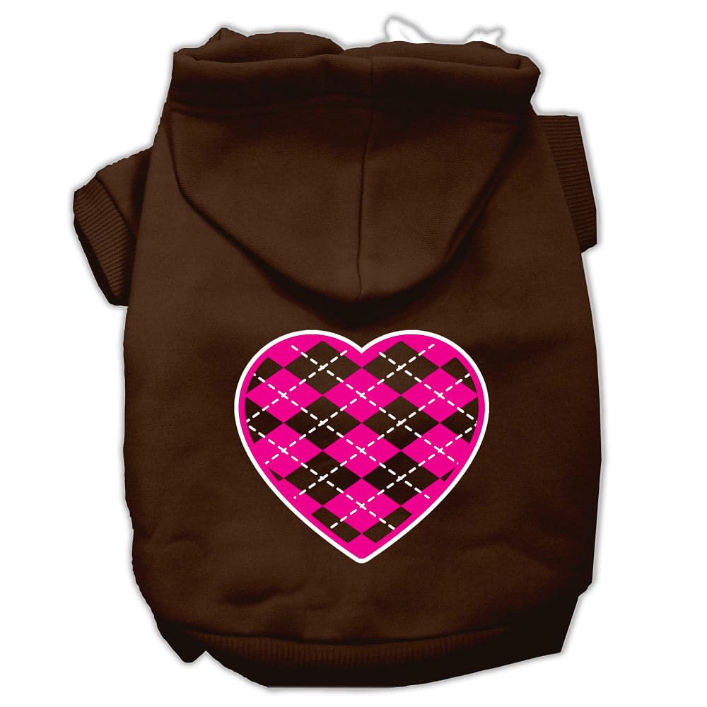 Pet Dog & Cat Hoodie Screen Printed, 'Pink Argyle Heart' Brown Xs (0-3 Lbs.)