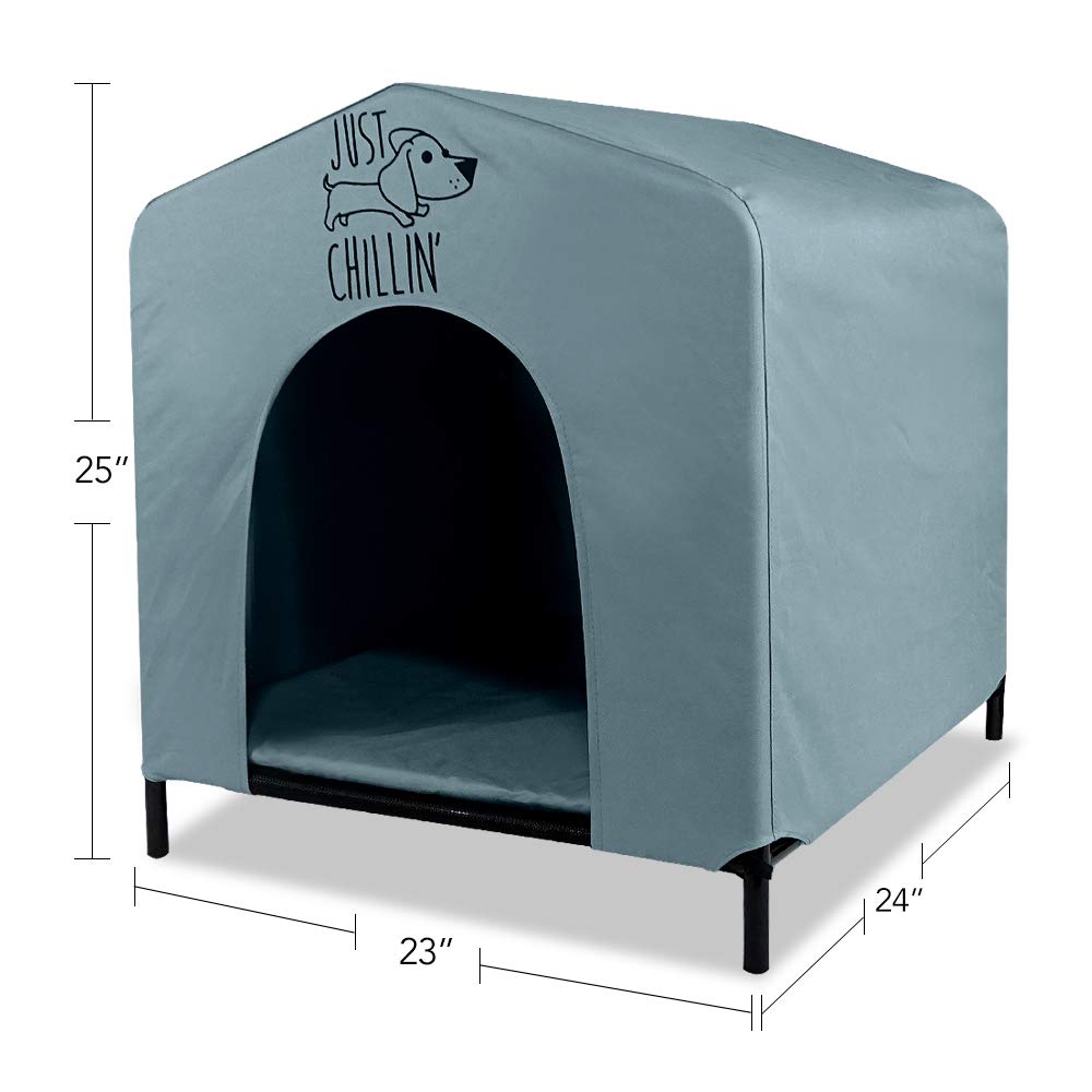 Floppy Dawg Just Chillin’ Portable Dog House. Elevated Pet Shelter For Indoor And Outdoor Use. Made Of Water Resistant Breathable Oxford Fabric. Easy To Assemble And Lightweight. 24'L X 23'W X 25'H