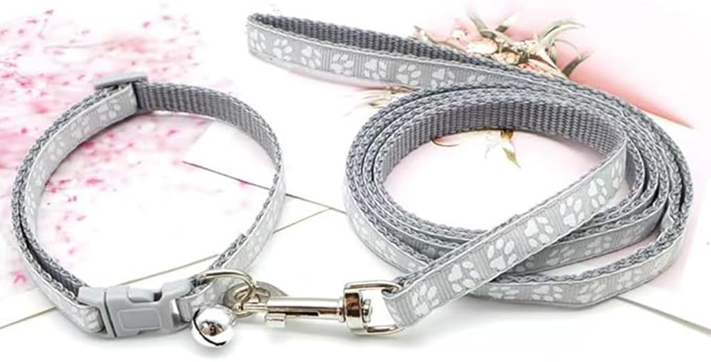 Gray Xxs Dog Collar With Bell Leash Set, Nylon Basic Reflective Puppy Collars Paw Print For Boys Girls Xs Small Cat Pet Animal L