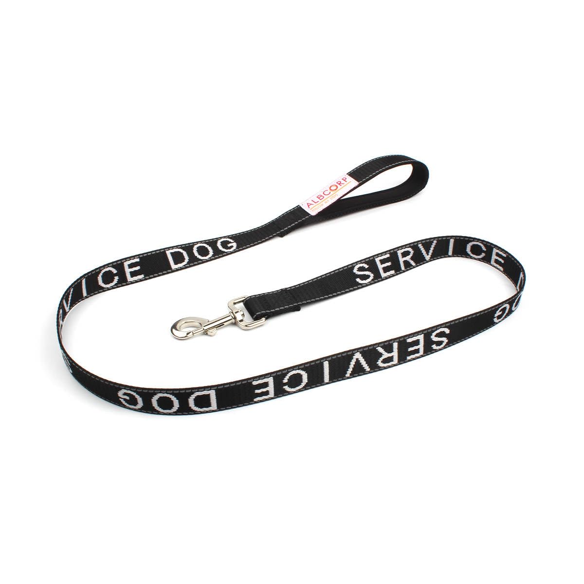 Albcorp Service Dog Leash - Embroidered- With Padded Neoprene Handle And Reflective Threads, 4 Feet, For Harnesses, Vests Or Col