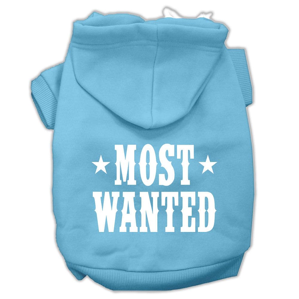 Pet Dog & Cat Hoodie Screen Printed, 'Most Wanted' Baby Blue Xs (0-3 Lbs.)