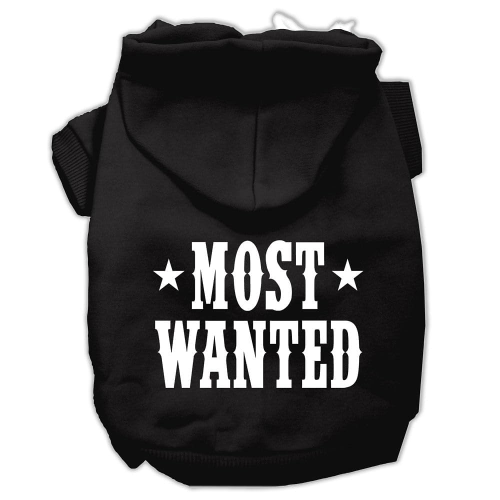 Pet Dog & Cat Hoodie Screen Printed, 'Most Wanted' Black Xs (0-3 Lbs.)