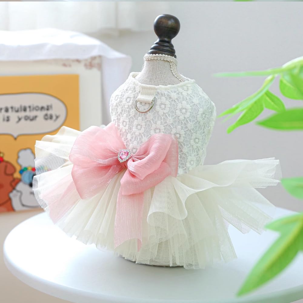 Anelekor White Small Dog Wedding Dress With D-Ring, Bow Knot Puppy Clothes For Small Dog Girl,Cat Birthday Outfit, Pet Party Dre