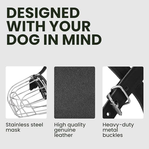 Bronzedog Dog Muzzle Adjustable Durable Metal Wire Basket For Large And Extra Large Dogs With Leather Straps Breathable, Drinkable, Training, Prevents Biting (Stainless Steel, Rottweiler)