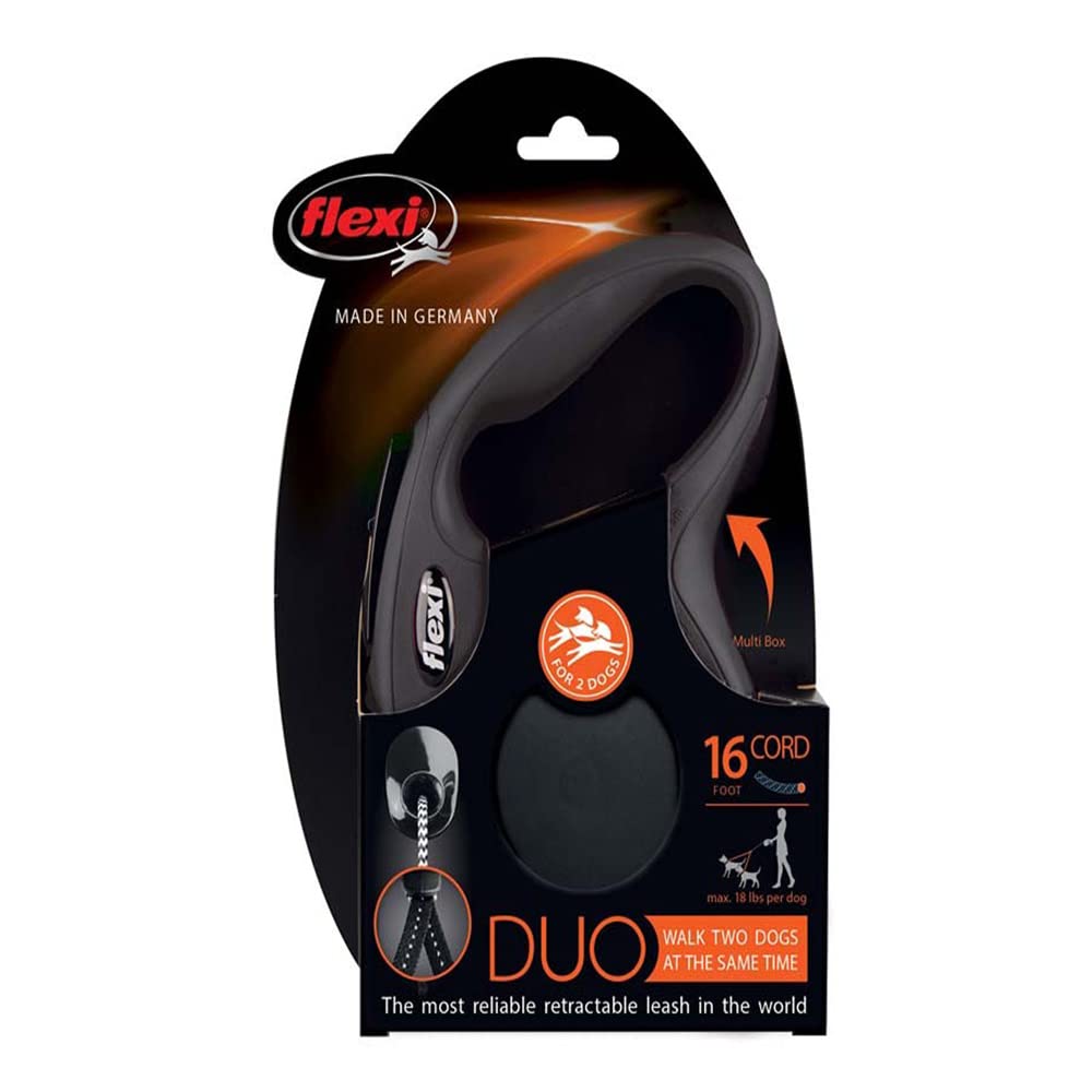 Flexi New Classic Cord Retractable Double Dog Leash For Small Dogs Upto 18 Lbs. – 16 Ft., Black | Tangle Free Pet Walking Leash With One-Handed Brake, Pause, Lock