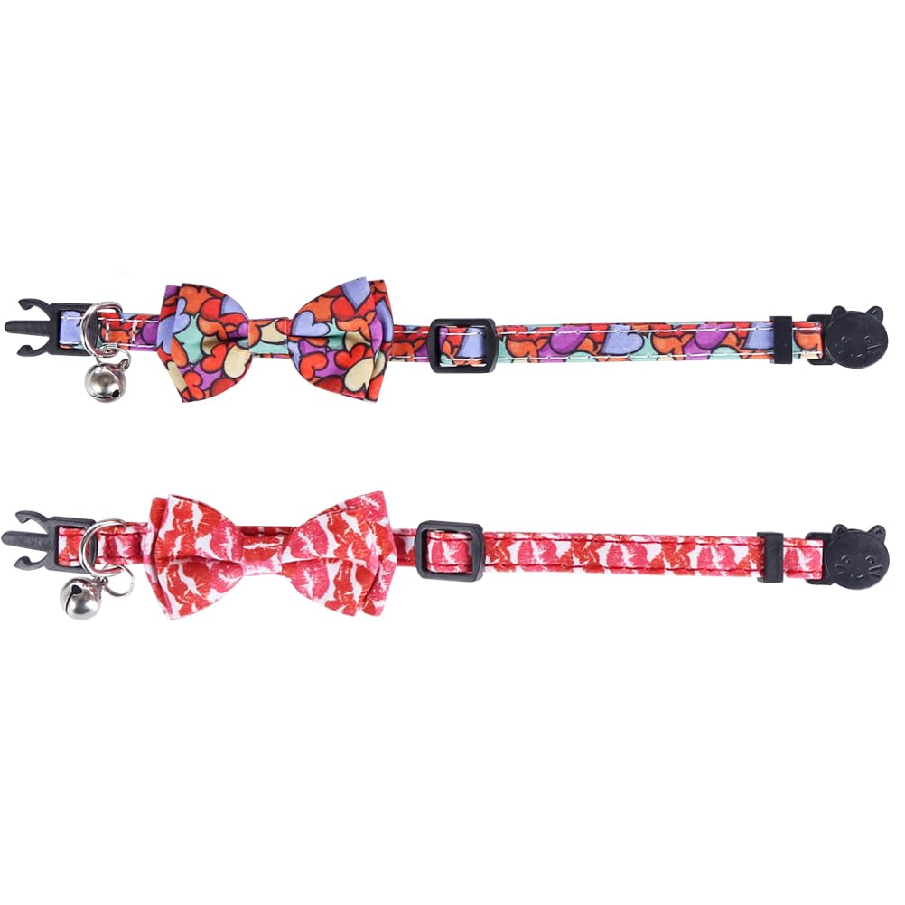 Valentine'S Day Cat Collar Breakaway With Cute Bow Tie And Bell For Kitty Adjustable Safety Love Heart