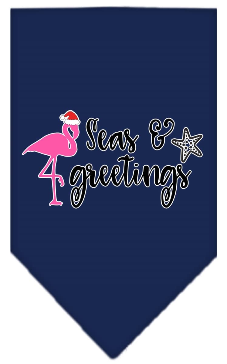 Christmas Pet and Dog Bandana Screen Printed, &quot;Seas & Greetings&quot; Navy Blue Large