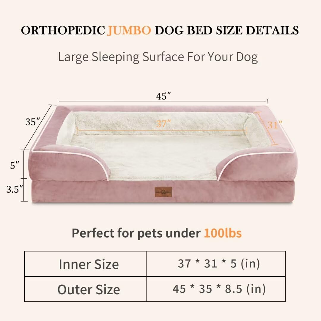 Comfort Expression Jumbo Dog Bed, Waterproof Orthopedic Dog Bed, Jumbo Breed Dog Bed For Extra Large Dogs, Pv Washable Dog Sofa Bed With Removable Cover & Non-Slip Bottom(Jumbo,Pink)