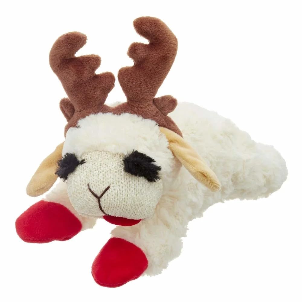 Multipet Holiday Lamb Chop With Reindeer Antlers Plush Dog Toy (10.5' Laying Lamb),All Breed Sizes