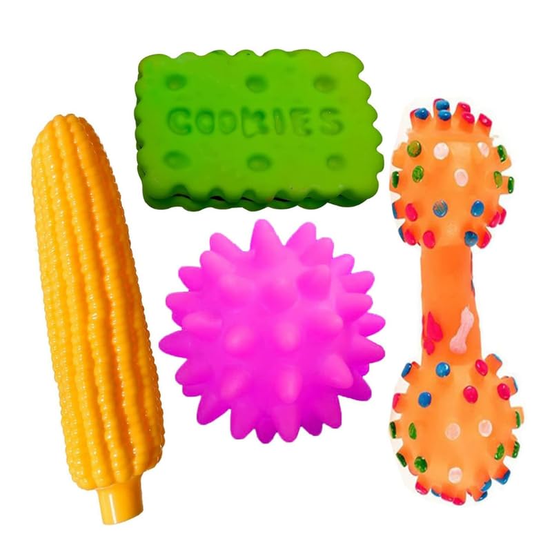 Dog Trust Combo of 4 Soft Latex Rubber Interactive Squeaky Toys for Small Puppy Cookie, Corn, Dumbbell, and Spike Ball