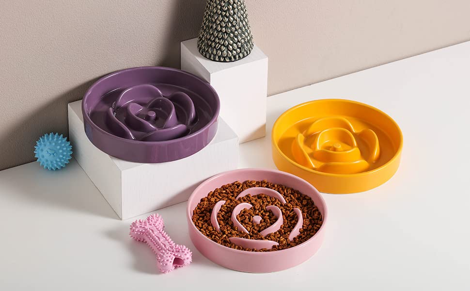 8.66 in Pink Ceramic Slow Feeder Dog Bowl for Medium and Large Breed,Pet Feeding Dog Food Water Dish Heavy Weighted,Puppy Bowl f