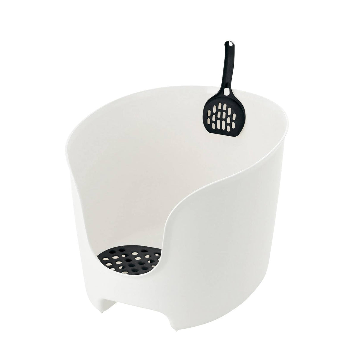 Richell Usa - Paw Trax High Wall Cat Litter Box In White/Black - High Sides Waste Box, Anti-Tracking Grate, Included Scooper, 19