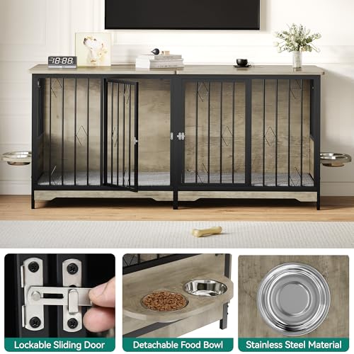 YITAHOME 71 Double Dog Crate Furniture with Divider, Wooden Large Dog Kennel with Flip-Top&4 Rotatable Bowls&2 Cushions, Dog Cra