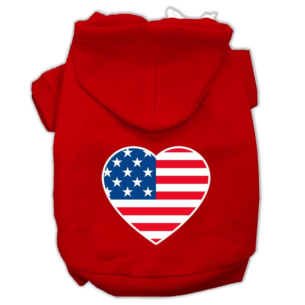 Pet Dog & Cat Hoodie Screen Printed, 'American Flag Heart' Red Lg (10-14 Lbs.)