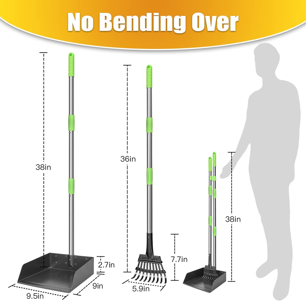 Tooge Larger Pooper Scooper For Large Dogs, Dog Pooper Scooper Long Handle Stainless Metal Tray And Rake Set For Large Medium Sm