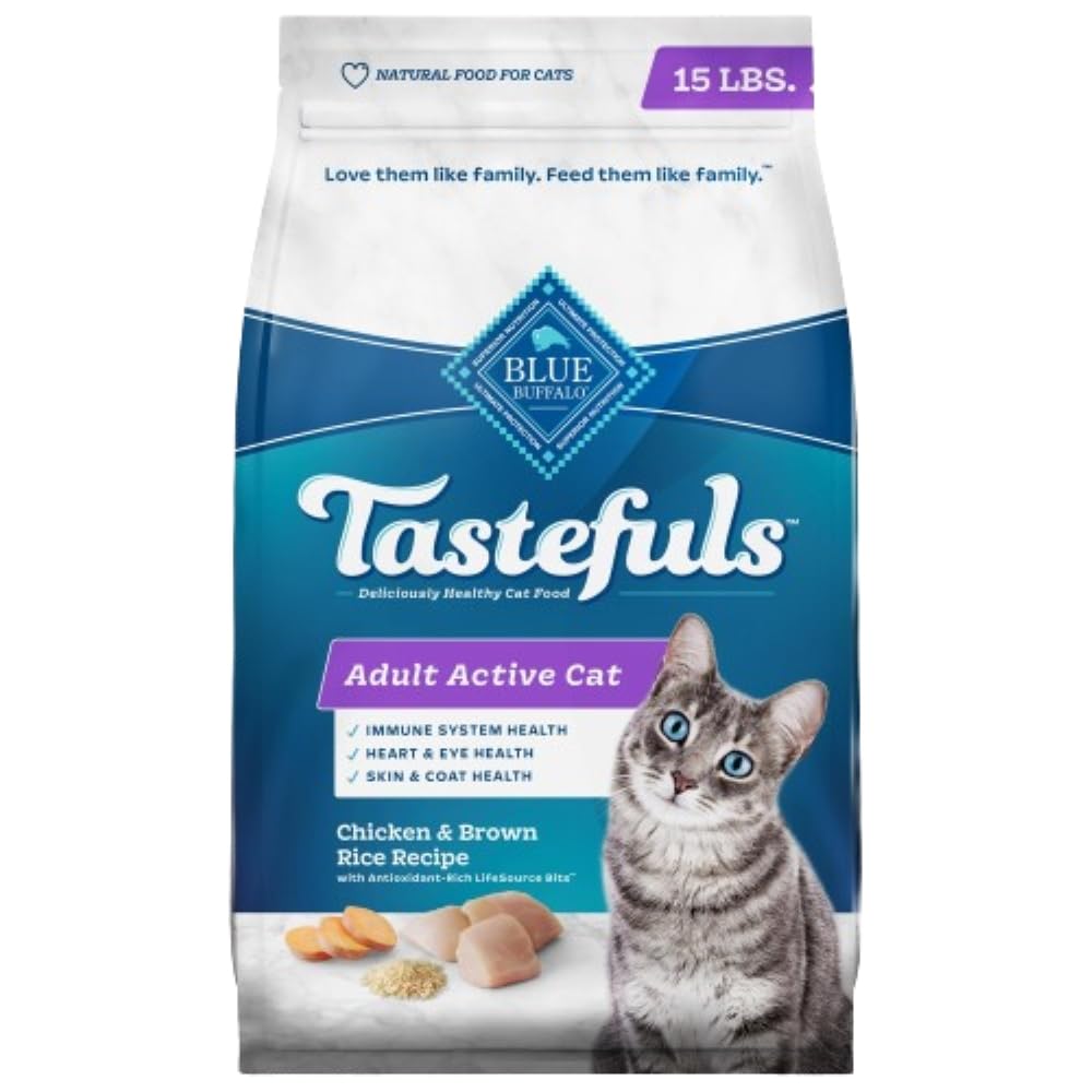 Blue Buffalo Tastefuls Natural Dry Food for Active Adult Cats, Chicken and Brown Rice Recipe, 15-lb. Bag